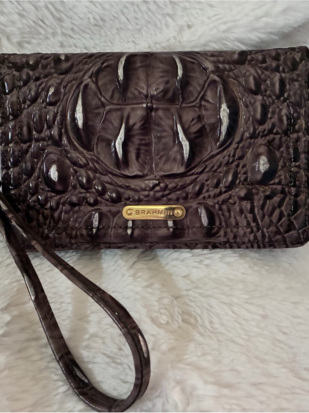 Brahmin Croc-Embossed Wristlet in Dark Brown with Gold Hardware